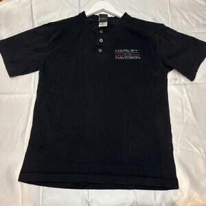 Harley Davidson Henley Shirt Mens Medium Black Short Sleeve Cotton